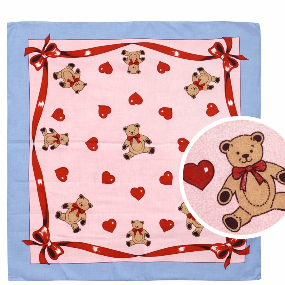 Vintage 90s Teddy Bear Heart Bow Bandana Scarf Pink Blue NWOT